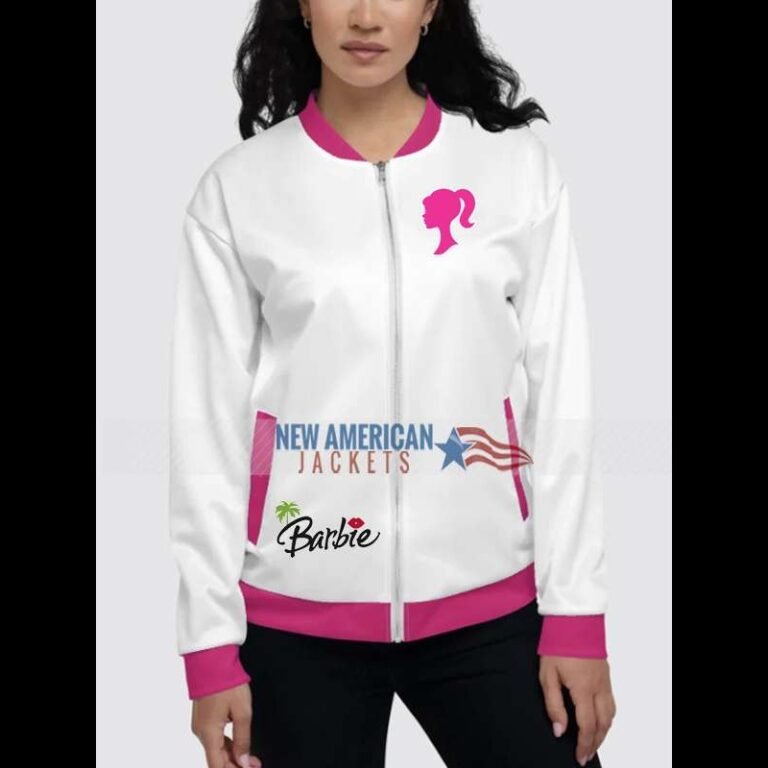 Barbie Racing White and Pink Bomber Jacket