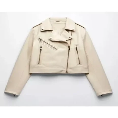 Classic Vintage Moto Lapel Style Collar Beige Faux Leather Jacket