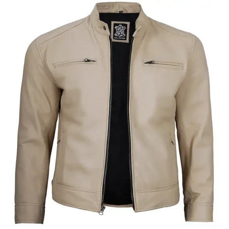 Dodge Men's Beige Leather Cafe Racer Jacket