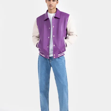 Purple and Cream Varsity WoolLeather Jacket