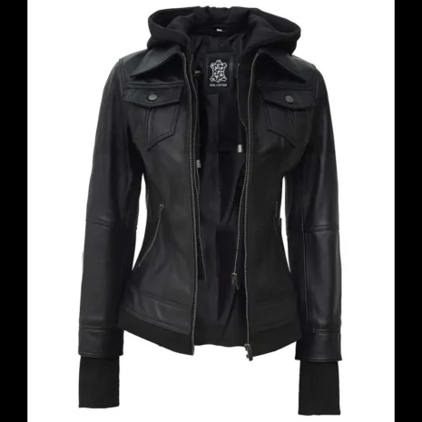 Tralee Black Bomber Women's Leather Jacket With Hood