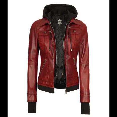 Tralee Womens Bomber Maroon Leather Jacket with Removable Hood