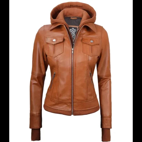 Womens Tan Wax Bomber Real Leather Jacket with Detachable Hood